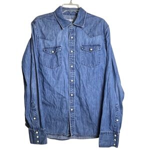 GAP 1969 Mens Large Blue Denim Western Pearl Snap Shirt Button Down Cotton‎